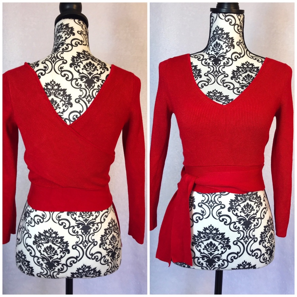 Express Faux Wrap Red Sweater Top, double V neck, open back, slight crop